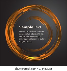 orange gold Abstract vector bright painting design element. circle frame Drawing, Hand drawn. round shape background. smudges. black background. text box. Brochure. card. banner. label