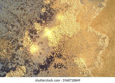 Orange, gold and blue marble texture with sparkles. Abstract vector background in alcohol ink technique. Modern paint with glitter. Template for banner, poster design. Fluid art painting
