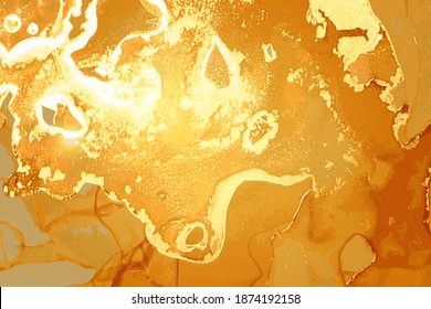 Orange and gold geode. Marble abstract pattern. Alcohol ink technique stone texture. Vector background. Modern paint with glitter. Banner, poster design template.