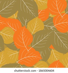Orangefarbene, goldene, hellbraune Apfelblattmuster, nahtlose Vektorgrafik-Hintergrund. Überlappen von zerstreuten, handgezogenen Blättern in Herbstfarben. Texturelle abstrakte Kulisse. Botanisches Blattwerk für Herbst und gemütliches Zuhause