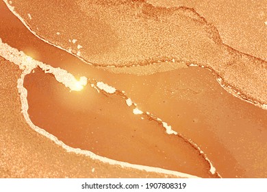 Orange and gold marble texture with sparkles. Abstract vector background in alcohol ink technique. Modern paint with glitter. Template for banner, poster design. Fluid art painting