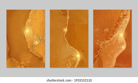 Orange and gold pattern with texture of geode and sparkles. Abstract vector background in alcohol ink technique. Modern paint with glitter. Set of backdrops for banner, poster design. Fluid art