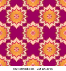 Patrón transparente naranja, dorado y rosa con adorno de mandala. Motivos tradicionales árabes e indios. Ideal para la tela y la materia textil, el Fondo de pantalla, el embalaje o cualquier idea deseada.