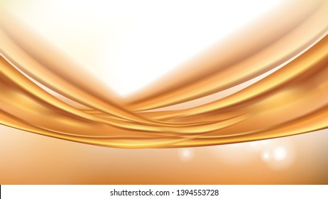 Orange golden flowing liquid vector abstract background. Streams of oil, honey or fluid on light background with light element. Template for cosmetic or sale banner or flyer.