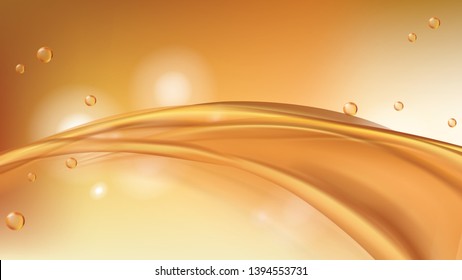 Fondo abstracto vectorial líquido de color dorado naranja, textura de aceite con gotas voladoras. Flujos de aceite, miel o fluido con elemento ligero. Plantilla para banner o volante cosmético o de venta.