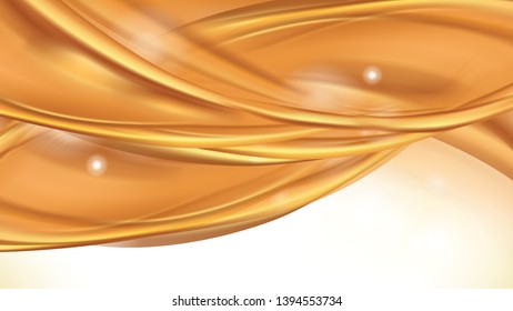 Orange golden flowing liquid vector abstract background. Streams of oil, honey or fluid on light background with white element. Template for cosmetic or sale banner or flyer.