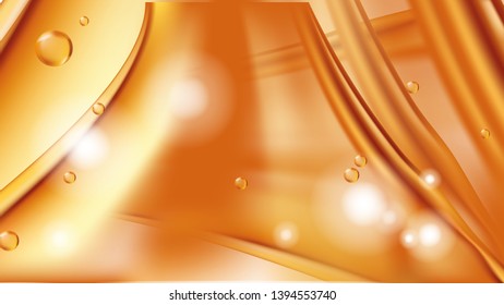 Orange golden flowing liquid vector abstract background, oil texture with flying drops. Streams of oil, honey or fluid with light element. Template for cosmetic or sale banner or flyer.