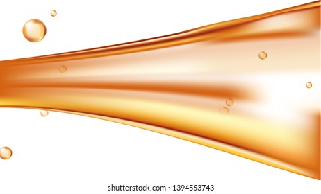 Orange golden flowing liquid vector abstract background, oil texture with flying drops. Streams of oil, honey or fluid with light element on white. Template for cosmetic or sale banner or flyer.