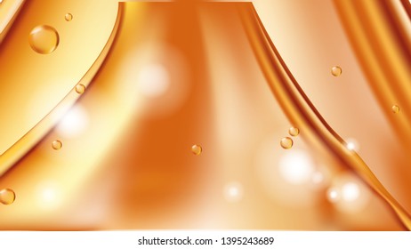Orange golden flowing liquid vector abstract background, oil texture with flying drops. Streams of oil, honey or fluid with light element. Template for cosmetic or sale banner or flyer.