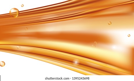 Orange golden flowing liquid vector abstract background, oil texture with flying drops. Streams of oil, honey or fluid with light element on white. Template for cosmetic or sale banner or flyer.