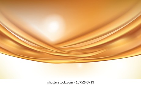 Orange golden flowing liquid vector abstract background. Streams of oil, honey or fluid on light background with light element. Template for cosmetic or sale banner or flyer.