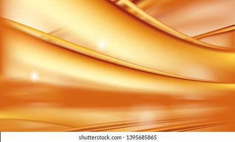 Orange golden flowing liquid vector abstract background, oil texture. Streams of oil, honey or fluid with light element. Template for cosmetic or sale banner or flyer.