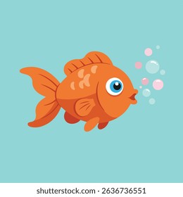An orange goldfish with a large blue eye swims in light blue water, blowing several pink and white bubbles.