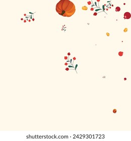 Orange Gourd Background Beige Vector. Rowan Harvest. Green Holiday Set. September Template. Yellow Pumpkin Park Frame.