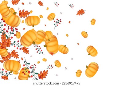 Orange Gourd Background White Vector. Plant Park. Red October Banner. Farm Texture. Yellow Pumpkin Decorative Set.