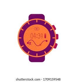 Orange GPS watch wearable technology. Vector fitness  smart watch for workout, running, marathon. Modern fashion smart watch concept. Scalable vector flat illustration on white background.
