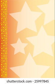 orange gradient background with a border out of many little stars on the left and big transparent stars on the background