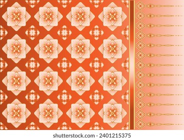 Orange gradient background, floral pattern, luxurious golden lines.