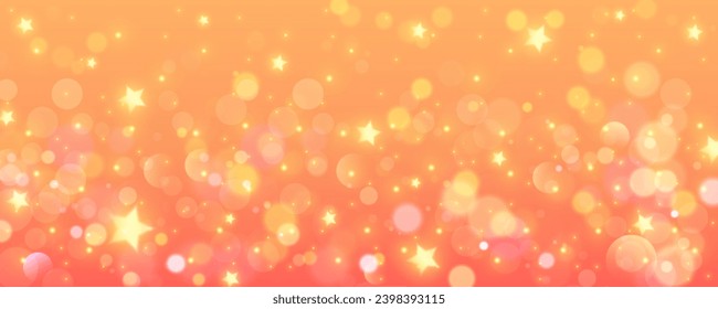 Fondo de degradado naranja. El cielo soleado pastel con estrellas brillantes y bokeh. Galaxia de fantasía con chispas. Espacio mágico de mármol. Vector.