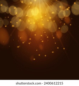 Orange gradient black background with yellow bokeh and sparkling gold dots. Vector illustration.