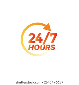 Orange gradient circular icon with 24 and 7 Hours text, ideal for promoting full-time availability or customer support.