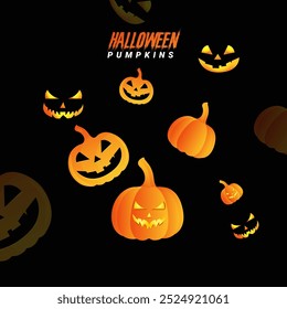 Cor de gradiente laranja abóboras vetor arte. Feliz Halloween abóboras definir vetor. Design realista de abóbora pendurada. Ilusão de equipamentos de design de banner de Halloween. 