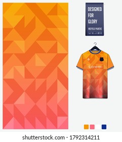 Orange gradient geometry shape abstract background. Fabric textile pattern design for soccer jersey, football kit, racing, e-sport, sport uniform. T-shirt mockup template design. Vector Illustration.