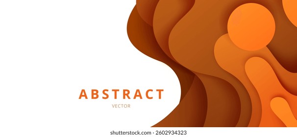 Orange gradient layered paper cut waves and circles abstract vector background. 3d topography relief map. Modern wavy papercut art illustration. Decorative curved overlapping shapes composition.
