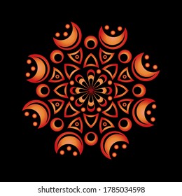 Mandala de gradiente naranja sobre fondo negro. Patrón redondo, adorno floral. Hermoso elemento simétrico. Antiestrés, relajación