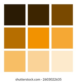 Orange gradient palette. Nine square swatches. Dark to light tones. Vector color chart.