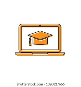 Orange Graduation cap on screen laptop icon isolated on white background. Online learning or e-learning concept. Vector Illustration