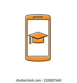 Orange Graduation cap on screen smartphone icon isolated on white background. Online learning or e-learning concept. Vector Illustration