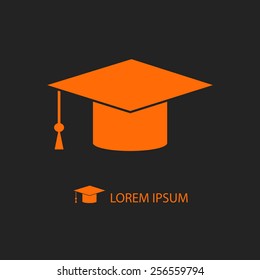 Orange graduation hat as logo on black background. Education symbol