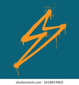 Oranje graffiti bliksemschicht op een teal achtergrond met druppels en spatten.