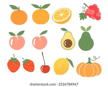 Laranja, uva, pêssego, abacate, morango, cereja, limão e abóbora isolados no vetor de fundo branco.