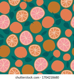 Fruta de cítricos naranja y pomelo, sin fisuras vectorial en colores vivos. Vibrante diseño de impresión superficial en verano. Para tejidos, artículos de papelería y embalajes.