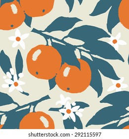 Orange or grapefruit with leaves and flowers. Hand drawn seamless vector pattern. Simple citrus fruits, flowers and leaves on beige background. Sketchy illustration.
