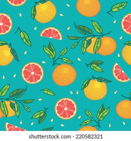 Pomelo naranja o pomelo con hojas sin fisuras. Fondo colorido y brillante con cítricos, semillas y hojas sobre fondo turquesa. 