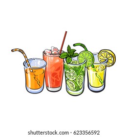 Orange, grapefruit, lemon, lime juice with ice in glasses, sketch style vector illustration on white background. Hand drawn glass of grapefruit, orange, lemon, lime juice, cocktail, lemonade with ice