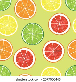 Orange, grapefruit, lemon, lime summer pattern. Seamless vector with slice of citrus fruits. Juicy, sour fruits. For cocktail, print with green background.