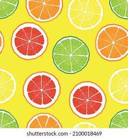 Orange, grapefruit, lemon, lime summer pattern. Seamless vector with slice of citrus fruits with yellow background. Juicy, sour fruits. For cocktail, print.