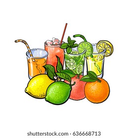 Orange, grapefruit, lime, lemon juice and fruits, hand drawn sketch vector illustration on white background. Hand drawing of orange, grapefruit, lemon, lime juice in glasses and whole fruits