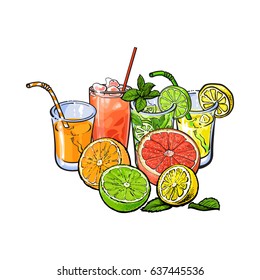 Orange, grapefruit, lime, lemon juice and fruits, hand drawn sketch vector illustration on white background. Hand drawing of orange, grapefruit, lemon, lime juice in glasses and fruits cut in half