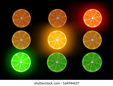 orange, grapefruit and lime on black background