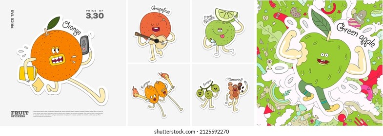 Orange, Grapefruit, Sweetie, Kumquat, Tamarind, Green apple. Fruit. Set of vector stickers. Funny characters in doodle style. Hand-drawn cartoon icons with stroke.