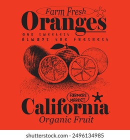 ilustración gráfica naranja, diseño de impresión de frutas para naranjas, diseño de impresión tropical de verano, tipografía vintage para el mercado de agricultores de California, diseño de camiseta de frutas naranjas