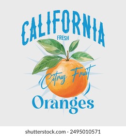 Orange graphic print design, summer fruit design , vintage grunge food fashion orange art, typography slogan text print design, California Malibu, fruit print graphics for t-shirt Design