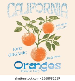 Orange graphic print design, summer fruit design , vintage grunge food fashion orange art, typography slogan text print design, California Malibu, fruit print graphics for t-shirt Design