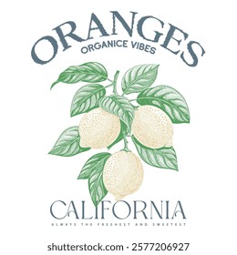 Orange graphic print design, summer fruit design , vintage grunge food fashion orange art, typography slogan text print design, California Malibu, fruit print graphics for t-shirt Design