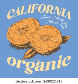Orange graphic print design, summer fruit design , vintage grunge food fashion orange art, typography slogan text print design, California Malibu, fruit print graphics for t-shirt Design